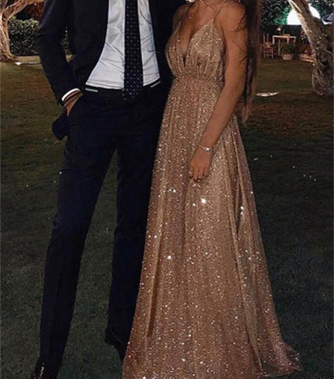 A-Line/Princess Tulle V-Neck Floor-Length Long Prom Dresses With Paillette Sparkly Evening Dresses