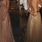 A-Line/Princess Tulle V-Neck Floor-Length Long Prom Dresses With Paillette Sparkly Evening Dresses
