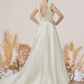 A-Line Wedding Dresses Jewel Neck Court Train Satin Short Sleeve Formal Simple with Pleats Pure Color