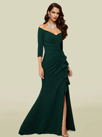 Mermaid Trumpet Mother of the Bride Dress Elegant Sexy V Neck Off Shoulder Court Train Stretch Fabric Length Sleeve