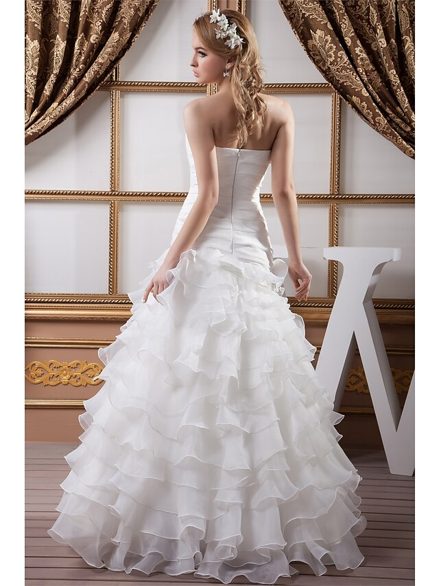 A-Line Wedding Dresses Strapless Floor Length Organza Satin Strapless with Ruched Cascading