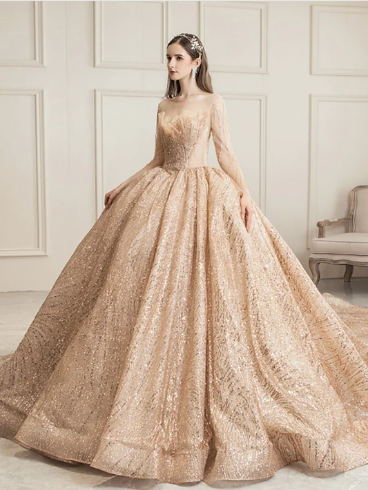 Princess Ball Gown Wedding Dresses Jewel Neck Chapel Train Tulle Sequined Long Sleeve Formal