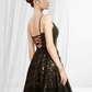 A-Line Glittering Sexy Homecoming Party Wear Dress V Neck Sleeveless Short Mini Lace Sequined with Pleats