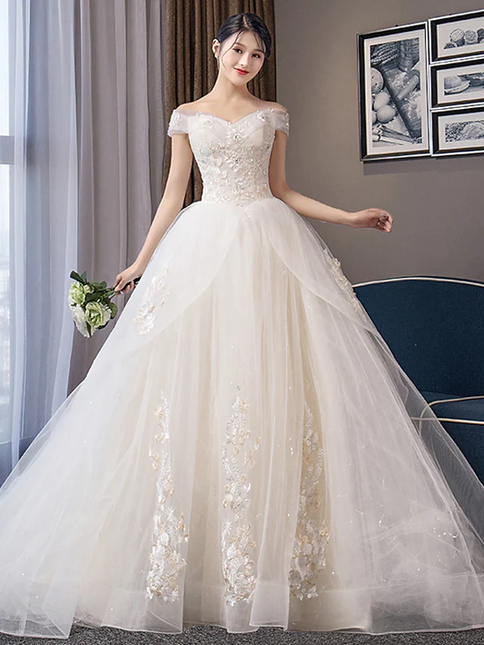 Ball Gown Wedding Dresses Off Shoulder Chapel Train Organza Cap Sleeve Formal Elegant with Crystals