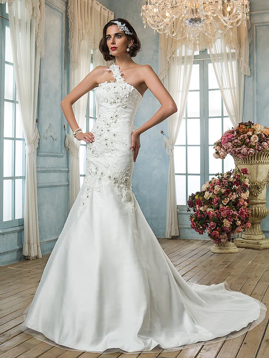 Wedding Dresses One Shoulder Court Train Tulle Sleeveless with Beading Appliques