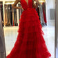 Unique V Neck Red Ruffles Tulle Layered Skirt Prom Dresses Sexy