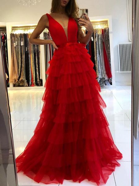 Unique V Neck Red Ruffles Tulle Layered Skirt Prom Dresses Sexy