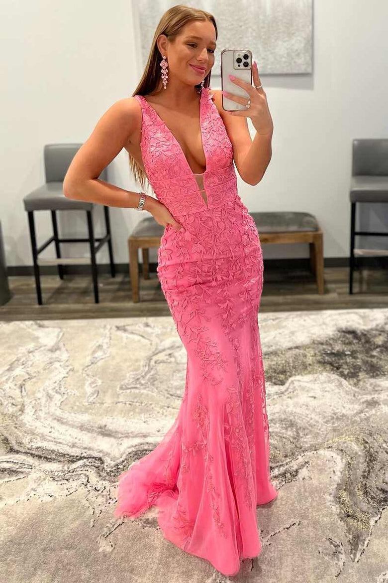 V Neck Prom Dresses Mermaid Lace With Applique And Sash Sweep Train Beautiful