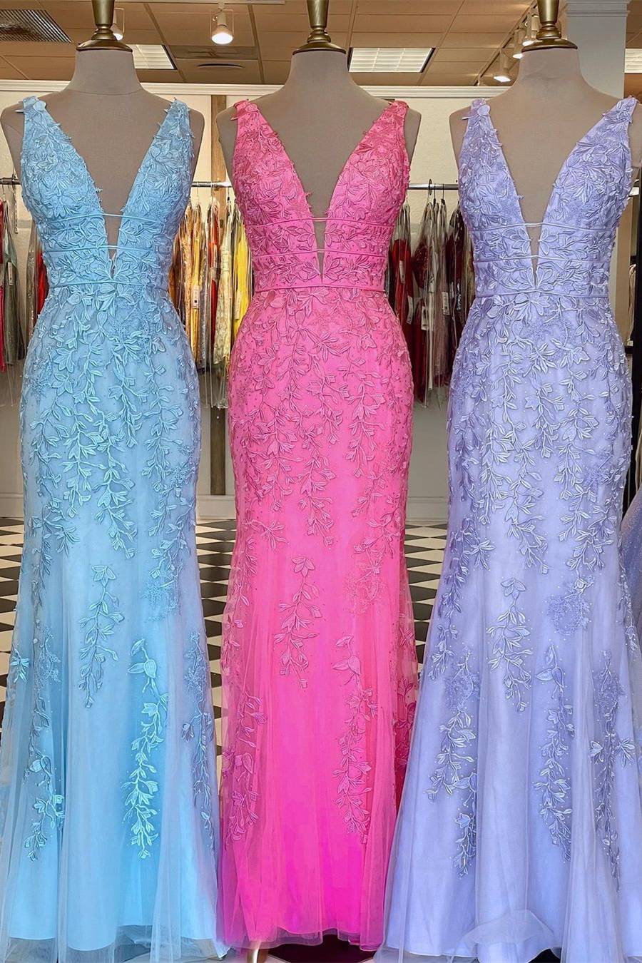 V Neck Prom Dresses Mermaid Lace With Applique And Sash Sweep Train Beautiful