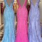 V Neck Prom Dresses Mermaid Lace With Applique And Sash Sweep Train Beautiful