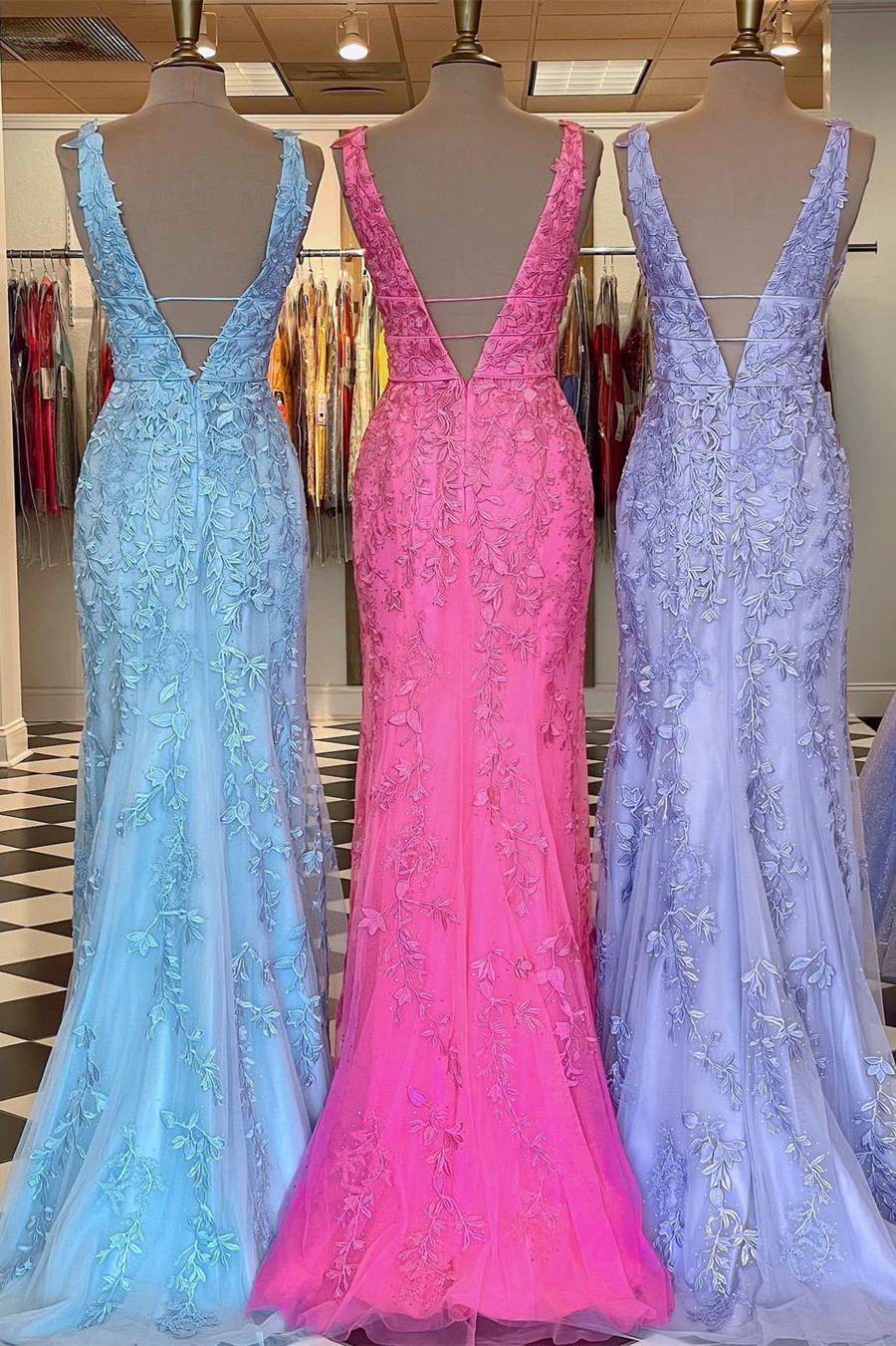 V Neck Prom Dresses Mermaid Lace With Applique And Sash Sweep Train Beautiful