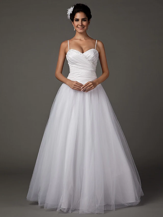 A-Line Wedding Dresses Sweetheart Neckline Spaghetti Strap Floor Length Taffeta Tulle Sleeveless Long