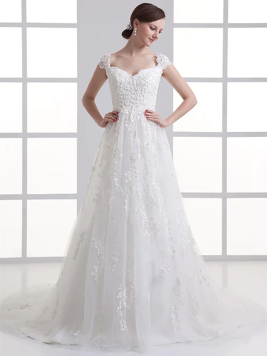 A-Line Wedding Dresses Sweetheart Neckline Court Train Lace Satin Tulle Cap Sleeve with Beading