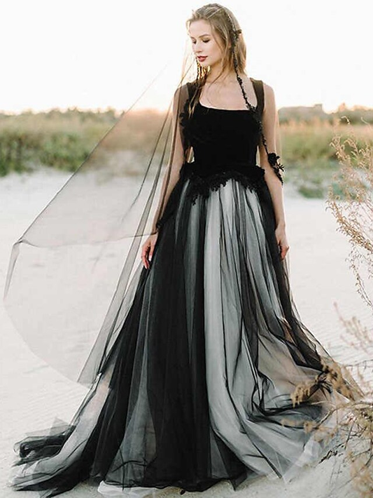A-Line Wedding Dresses Scoop Neck Court Train Lace Tulle Regular Straps Black Modern with Appliques Long