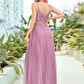 A-Line Spaghetti Strap Floor Length Tulle Sequined Bridesmaid Dress with Tier Sexy