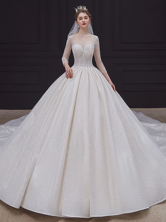 Princess Ball Gown Wedding Dresses Jewel Neck Chapel Train Lace Tulle Sequined Long Sleeve Formal Romantic Luxurious Sparkle & Shine