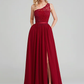 A-Line One Shoulder Long Length Chiffon Lace Bridesmaid Dress with Sash Ribbon Sexy
