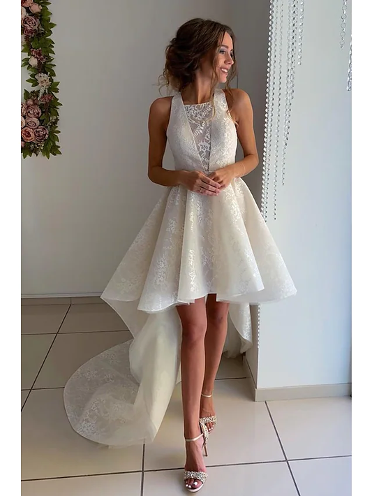 A-Line Wedding Dresses Jewel Neck Asymmetrical Knee Length Lace Organza Sleeveless Country Romantic Cute with Pleats