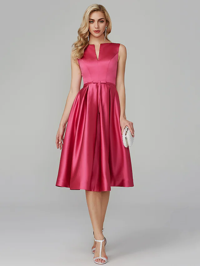 A-Line Minimalist Elegant Cocktail Party Prom Valentine's Day Dress V Wire Sleeveless Knee Length Satin with Sash