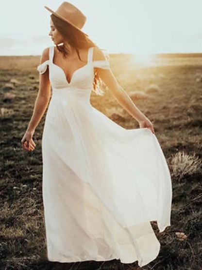 Wedding Dresses V Neck Floor Length Chiffon Short Sleeve Country Simple Beach