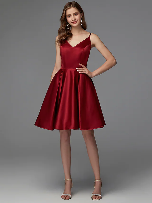 A-Line Hot Homecoming Cocktail Party Valentine's Day Dress V Neck Sleeveless Short Mini Satin