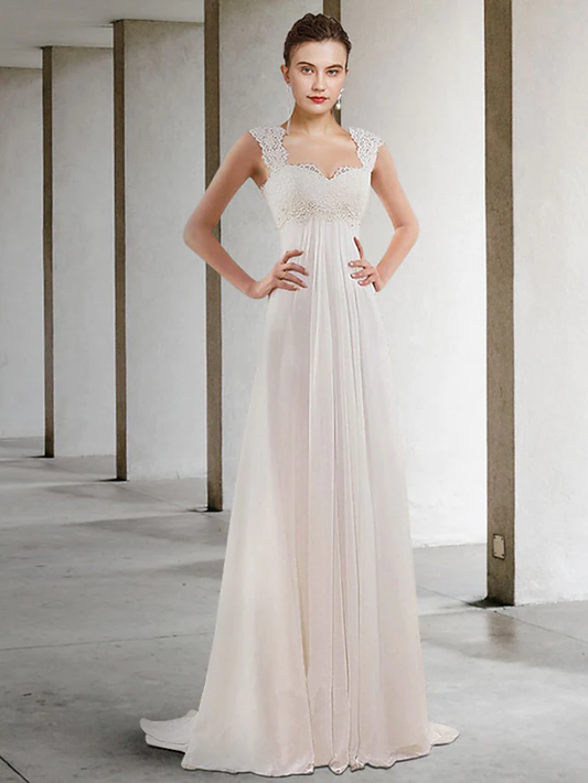 Wedding Dresses Scoop Neck Chiffon Lace Sleeveless Simple Sexy with Pleats