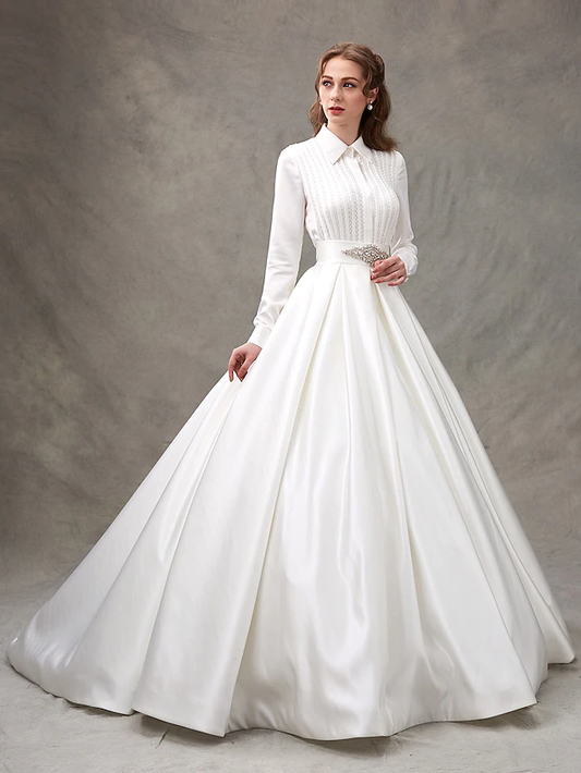Ball Gown Wedding Dresses High Neck Satin Long Sleeve Glamorous Sparkle & Shine with Bowknot Sash Ribbon