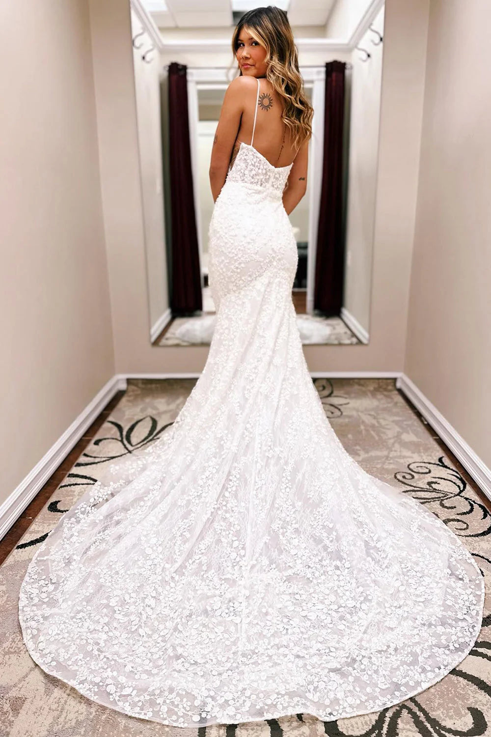 Mermaid Wedding Dress Spaghetti Straps Long Train Lace Sexy
