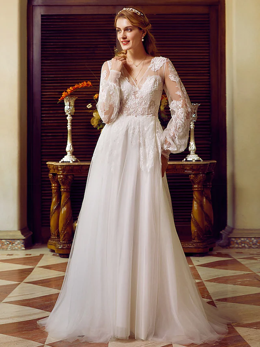 A-Line Wedding Dresses V Neck Lace Tulle Long Sleeve See-Through Pure Color