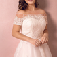 A-Line Wedding Dresses Off Shoulder Floor Length Lace Satin Tulle Short Sleeve Formal Plus Size with Lace Pearls Lace