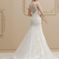 Wedding Dresses Square Neck Court Train Lace Over Tulle Regular Straps Wedding Dress in Color Floral Lace See-Through with Buttons Sequin
