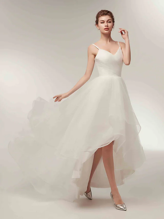 A-Line Wedding Dresses V Neck Asymmetrical Tulle Spaghetti Strap Simple Casual Little White Dress