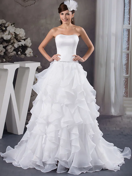 A-Line Wedding Dresses Strapless Court Train Organza Satin Strapless with Beading Cascading