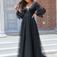 A-Line Wedding Dresses V Neck Floor Length Lace Tulle Long Sleeve Romantic Sexy Black with Pleats