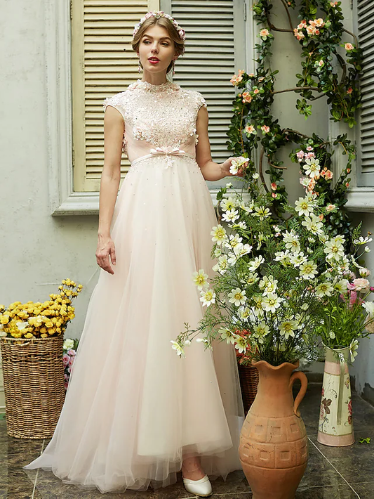 A-Line Wedding Dresses High Neck Sweep Brush Train Tulle Short Sleeve Open Back with Bowknot Sash Ribbon