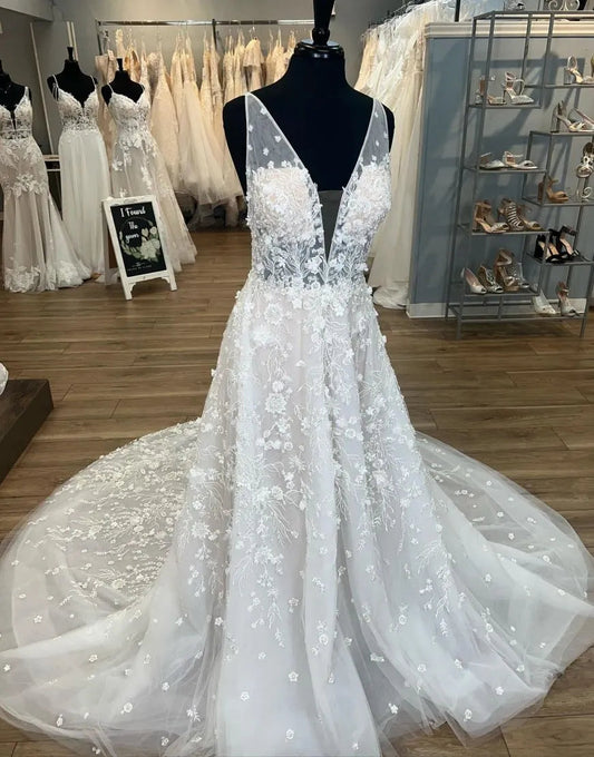 A-Line V Neck Open Back Train Wedding Dress Sexy Long With Flowers