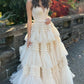 A-Line Deep V Neck Tiered Long Prom Dress Sexy