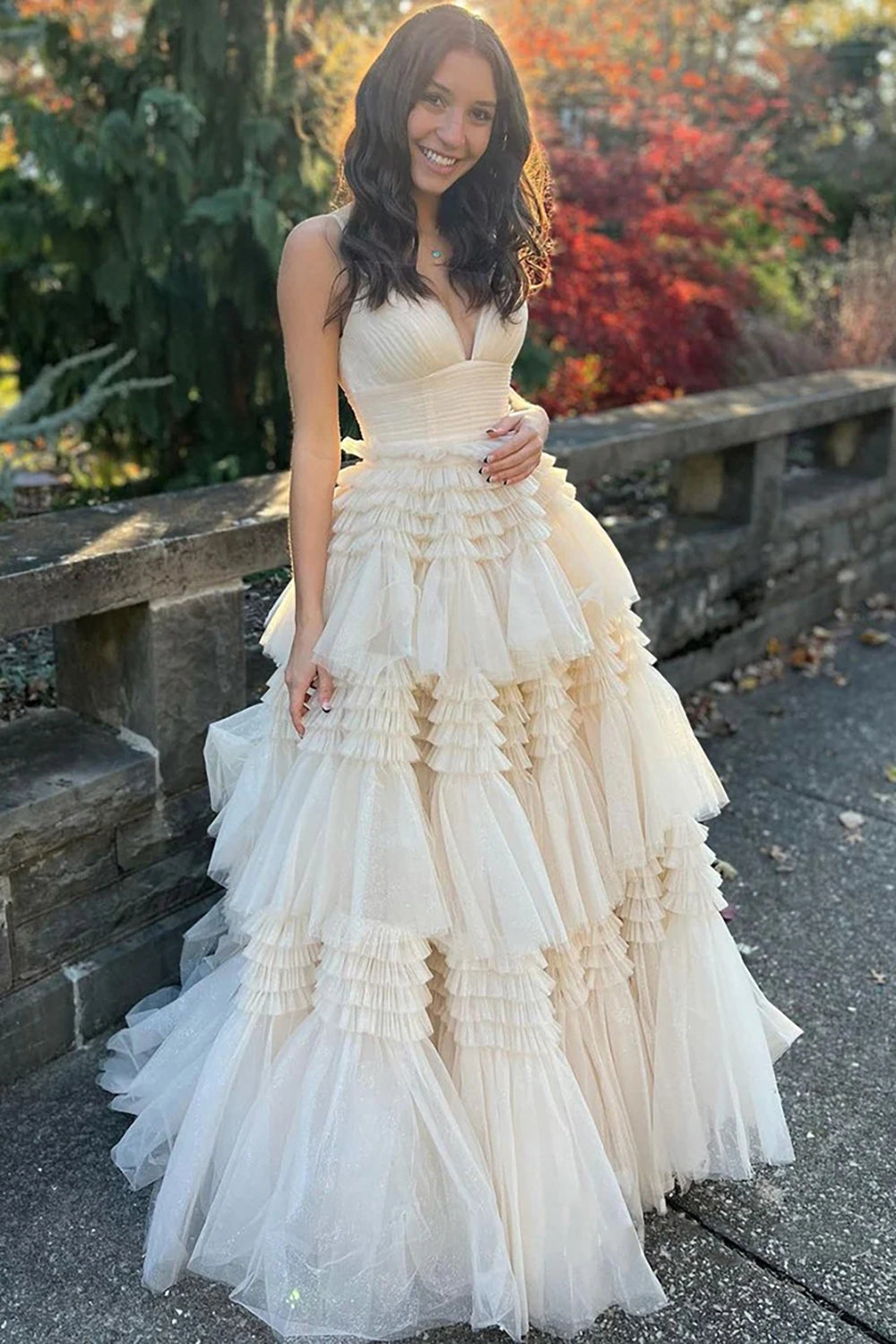 A-Line Deep V Neck Tiered Long Prom Dress Sexy