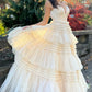 A-Line Deep V Neck Tiered Long Prom Dress Sexy