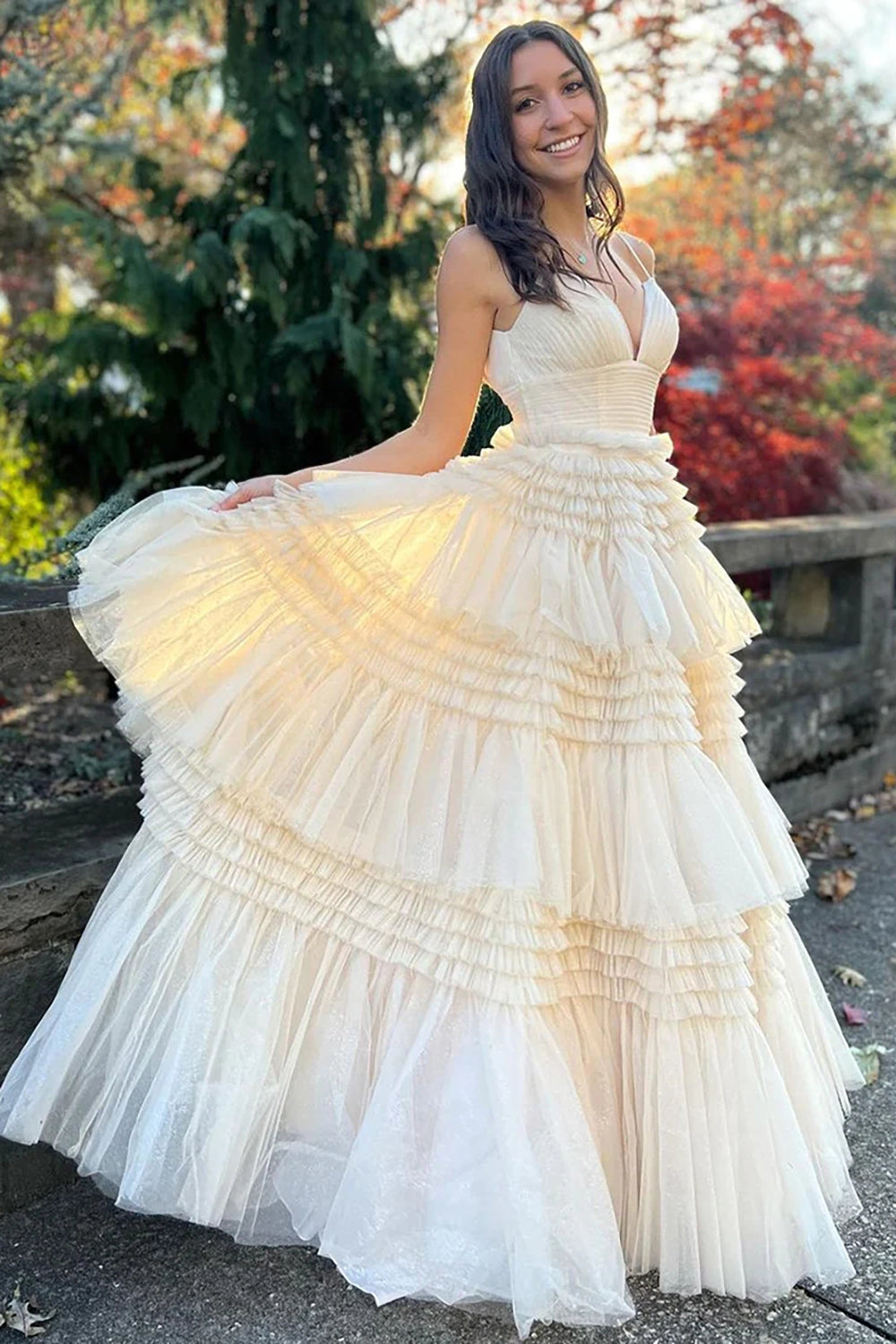 A-Line Deep V Neck Tiered Long Prom Dress Sexy