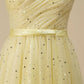 A-line Spaghetti Straps Party Dress With Belt Off Shoulder Sparkly 