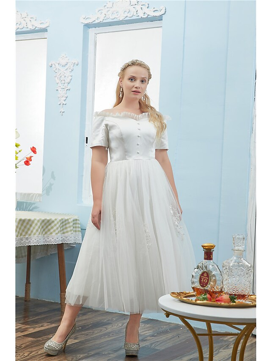 Ball Gown Plus Size Elegant Quinceanera Prom Dress Off Shoulder Short Sleeve Tea Length Tulle