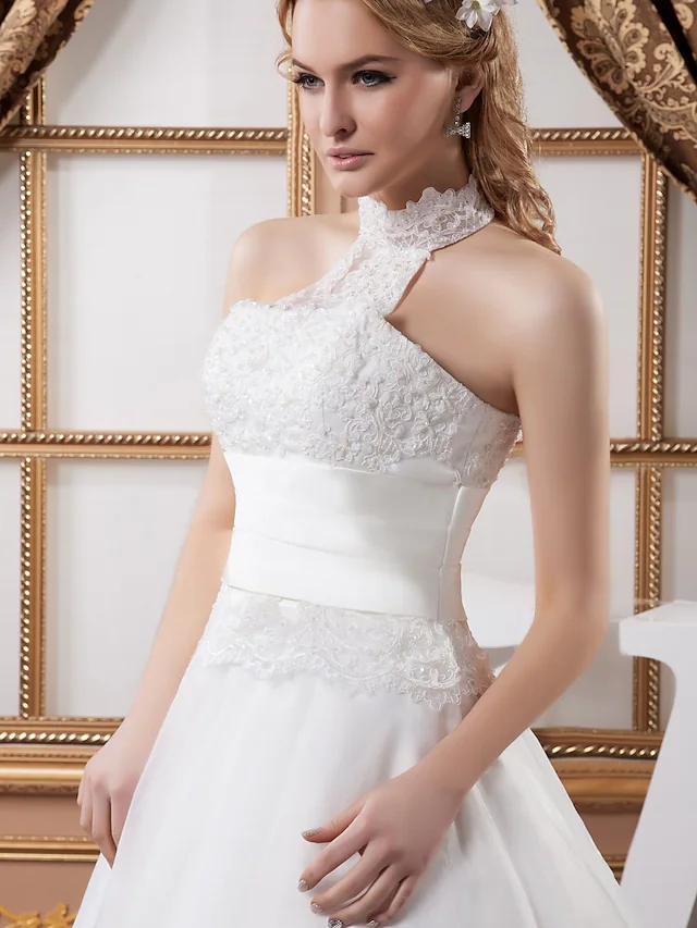 A-Line Wedding Dresses High Neck Court Train Lace Satin Tulle Regular Straps with Ruched Beading