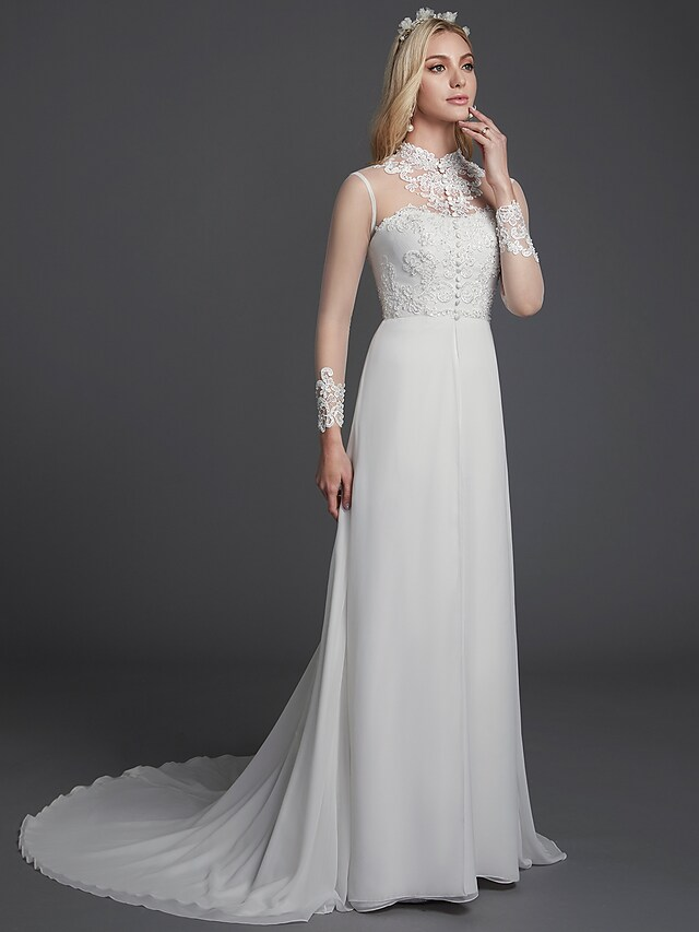 A-Line Wedding Dresses High Neck Court Train Chiffon Lace Long Sleeve Vintage Plus Size Backless with Lace