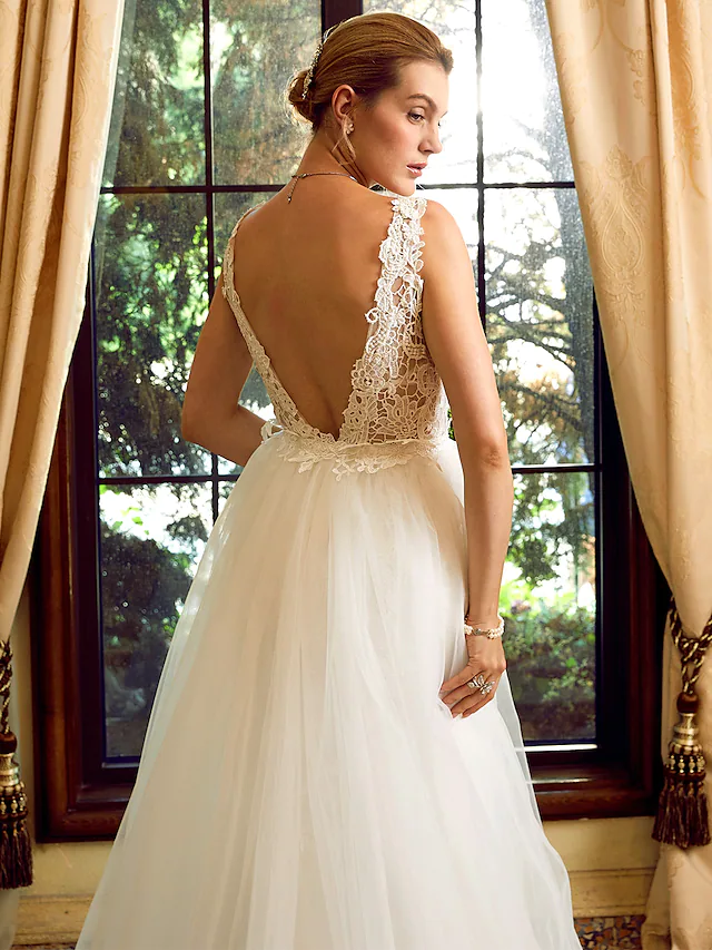 Wedding Dresses V Neck Chapel Train Lace Tulle Regular Straps See-Through