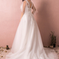 A-Line Wedding Dresses V Neck Court Train Satin Tulle Half Sleeve Formal Plus Size with Appliques Ivory