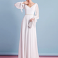 Wedding Dresses V Neck Court Train Chiffon Long Sleeve with Beading Pure Color