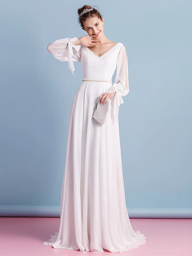 Wedding Dresses V Neck Court Train Chiffon Long Sleeve with Beading Pure Color