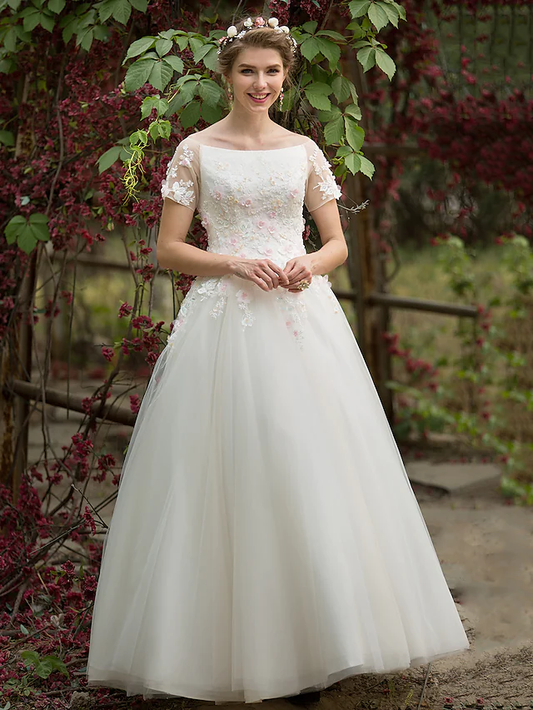 A-Line Wedding Dresses Bateau Neck Floor Length Tulle Short Sleeve with Beading Appliques Flower Beautiful
