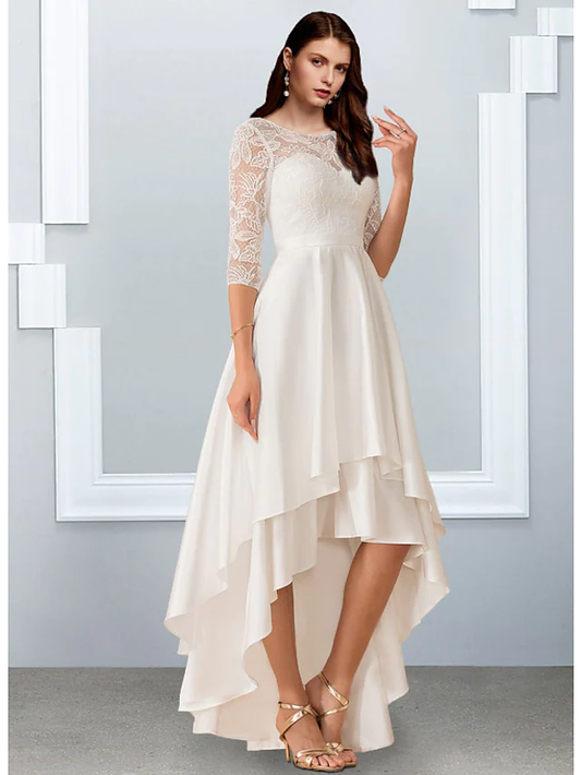 A-Line Wedding Dresses Jewel Neck Asymmetrical Chiffon Lace Half Sleeve Simple Beach with Cascading